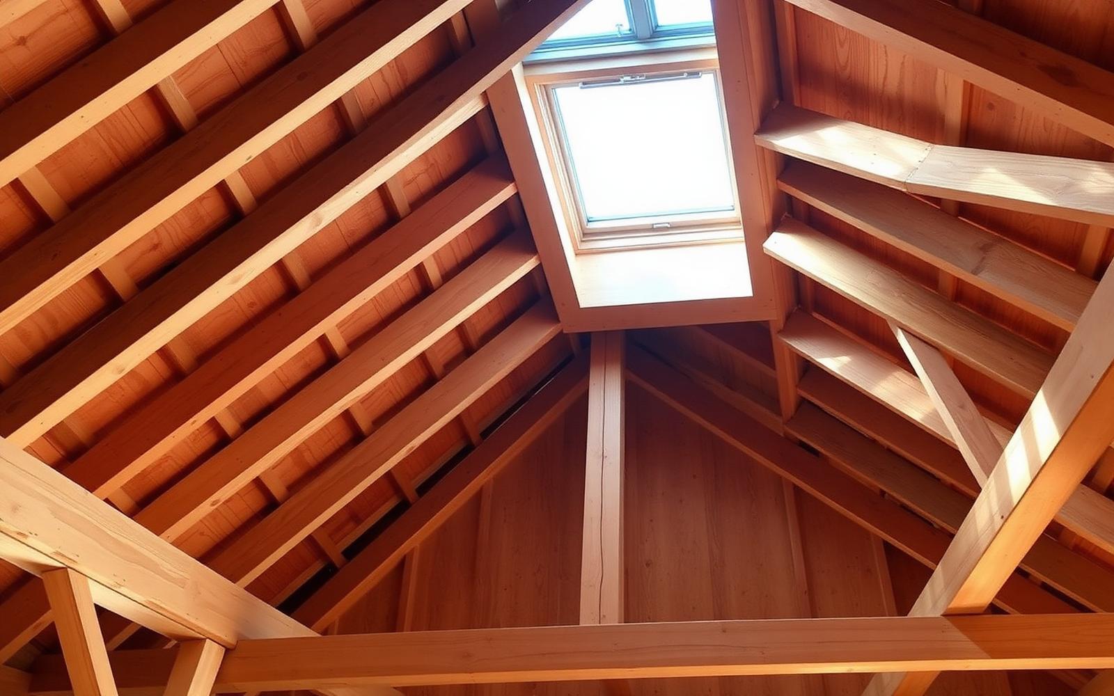 Charpente en bois et fenêtre de toit posée dans des combles